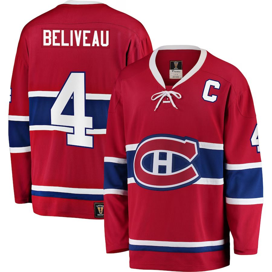 Men Montreal Canadiens 4 Jean Beliveau Fanatics Branded Red Premier Breakaway Retired Player NHL Jersey
